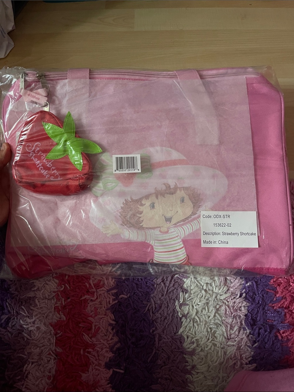 Vintage Strawberry Shortcake Pink Duffel Shaped Bag with Small Strawberry Charm